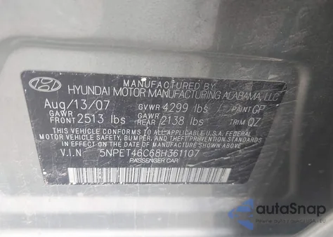 2008 Hyundai Sonata Gls z USA, uszkodzony, nr VIN 5NPET46C68H361107